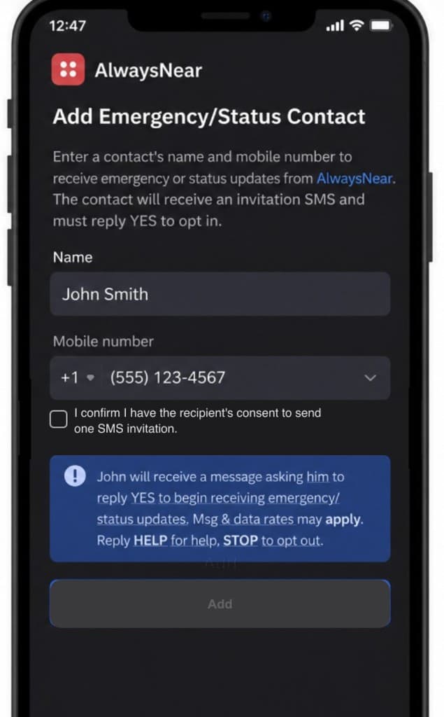 Add Contact screen showing name and mobile number fields and SMS consent disclosure